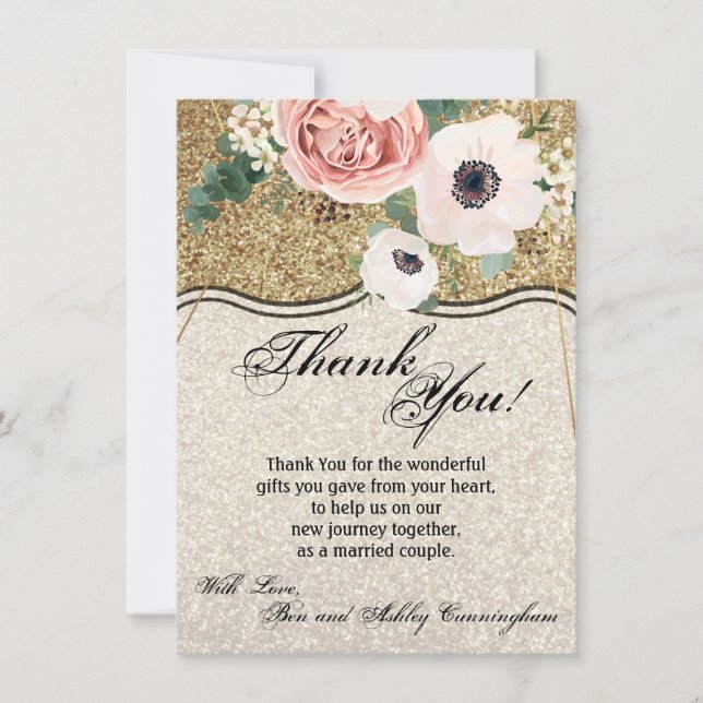 4,5 x 6,25 Cartes de remerciements Glitte d'or Ros (Devant)