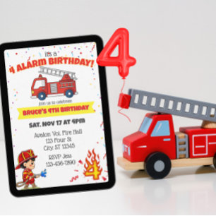 4 Alarm Fire Fighter 4th Birthday Invitation