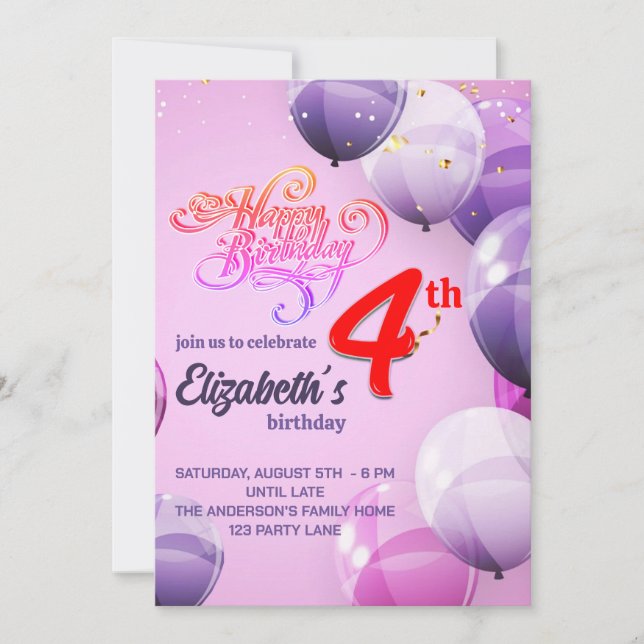 4 ANS FILLES DE L'ANNIVERSAIRE INVITATION (Devant)