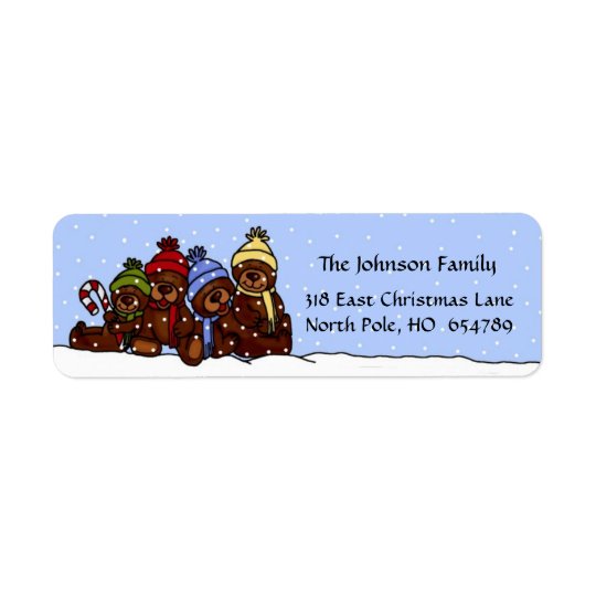 4 Bear family Christmas label in snow Return Address Label