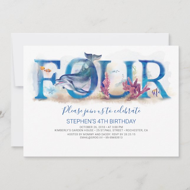 4 Birthday Invitation Blue Ocean Underwater World (Front)