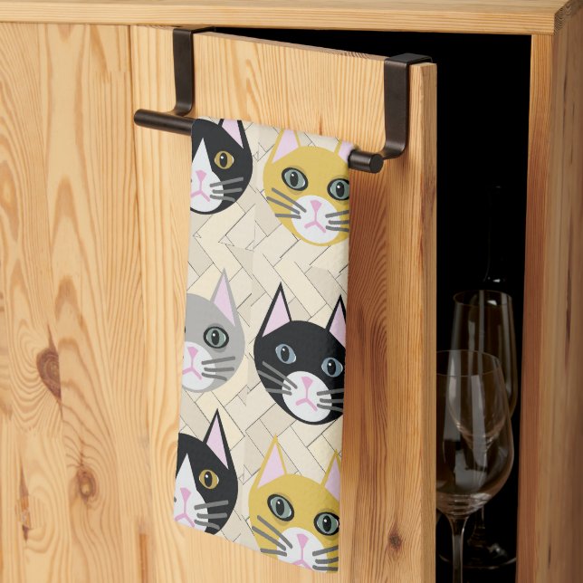 4 Cats, Herringbone Beige Kitchen Towel (Thirds Fold)