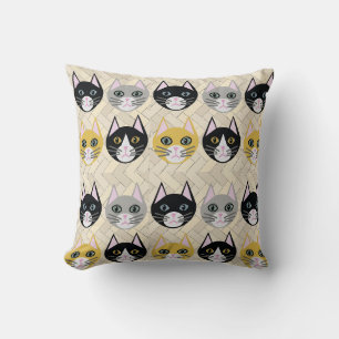 4 Cats, Herringbone Beige Throw Pillow