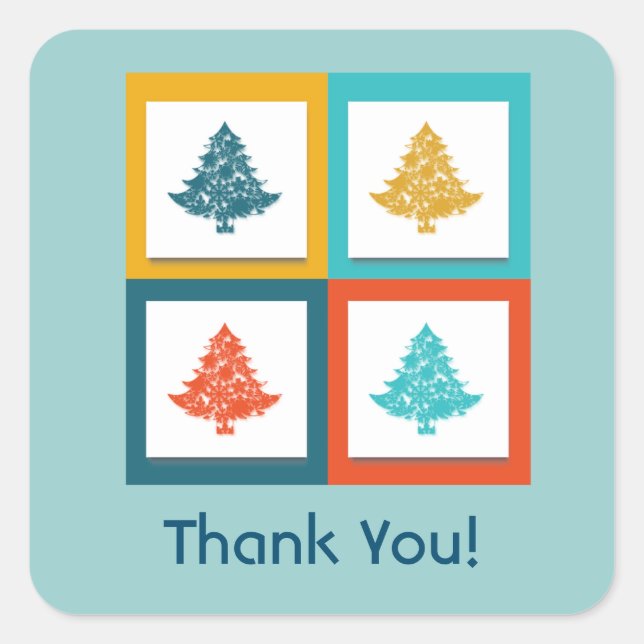 4 Christmas Trees Retro Design Thank You Square Sticker (Front)
