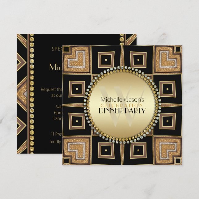 4 Corners of Love Black Gold Art Deco Dinner Party Invitation (Front/Back)