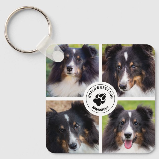 4 Custom Pet Photos Collage Template & Text Keychain (Front)