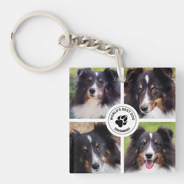 4 Custom Pet Photos Collage Template & Text Keychain (Front)