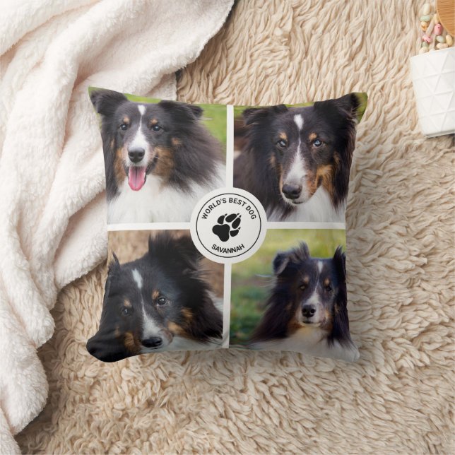 4 Custom Pet Photos Collage Template & Text Throw Pillow (Blanket)