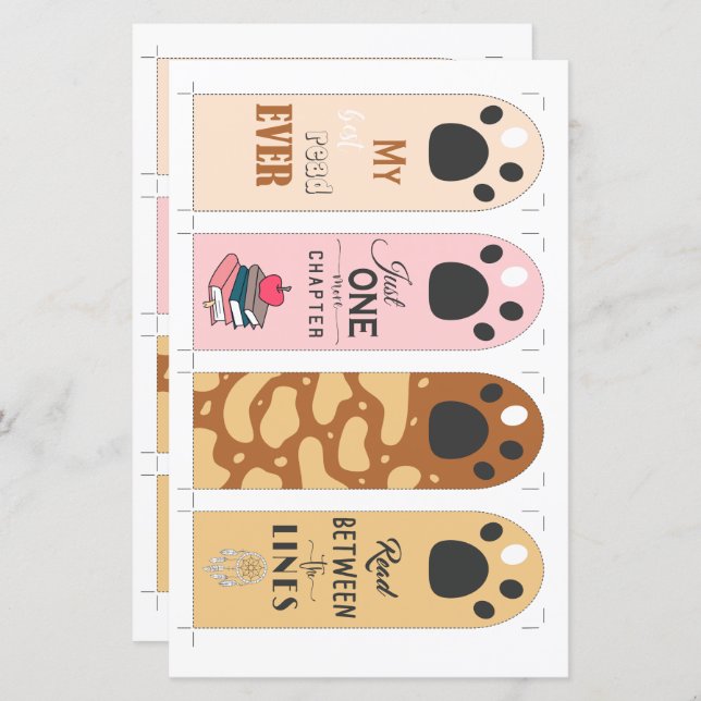 4 cut-out Cute Paw Bookmarks with Quotes (Front/Back)