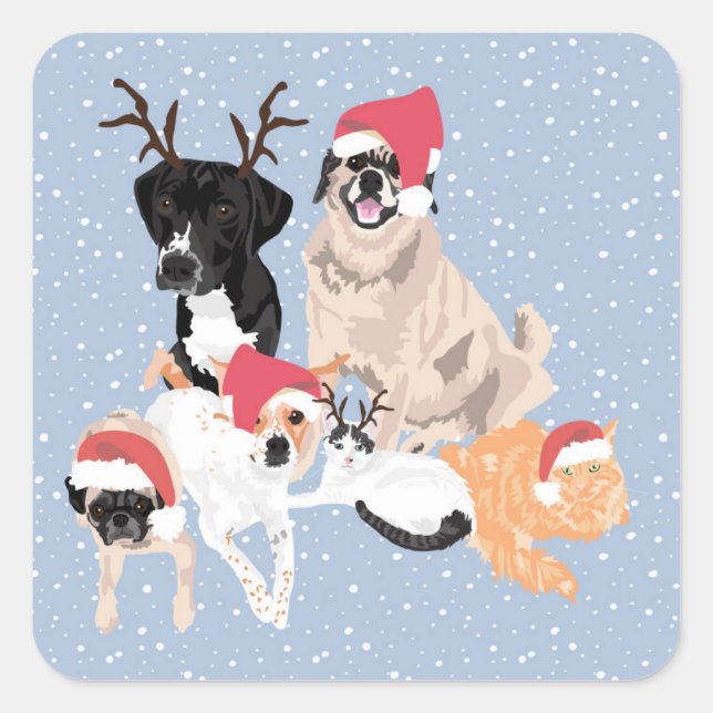 4 Dogs and 2 Cats Holiday Sticker (Front)