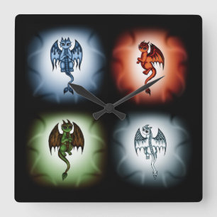 4 Element Dragons Square Wall Clock