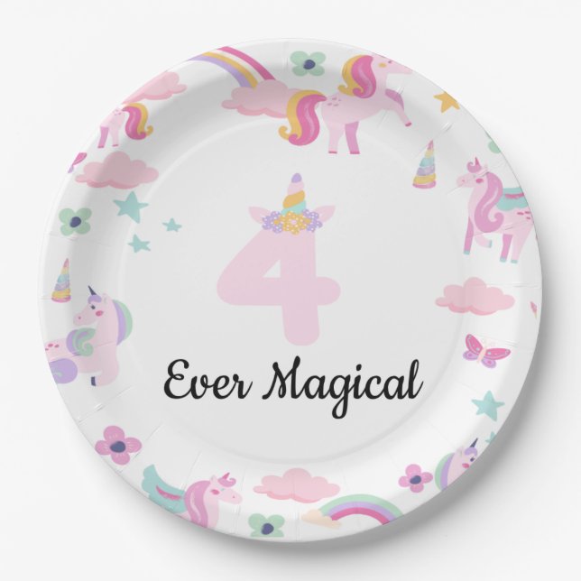 4 ever magical, Unicorn Birthday, Rainbows  Paper Plate (Front)