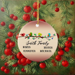 4 Family Members Personalized Name Christmas Birds Ceramic Ornament