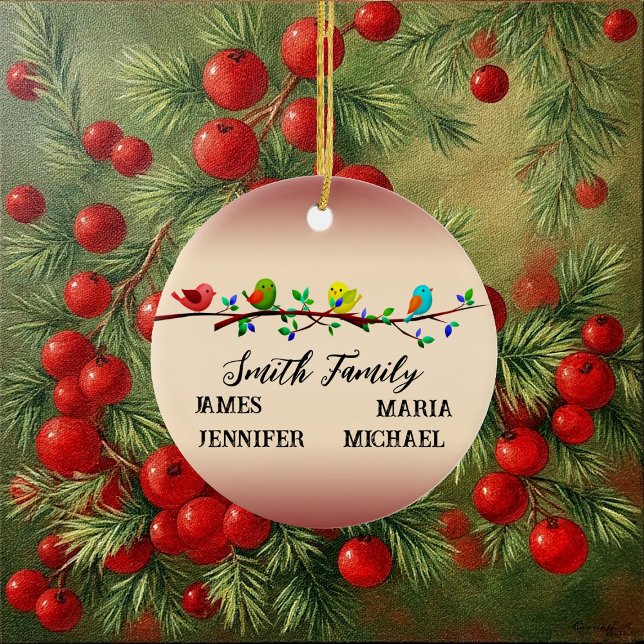 4 Family Members Personalized Name Christmas Birds Ceramic Ornament (4 Family Members Personalized Name Christmas Birds Ceramic Ornament)