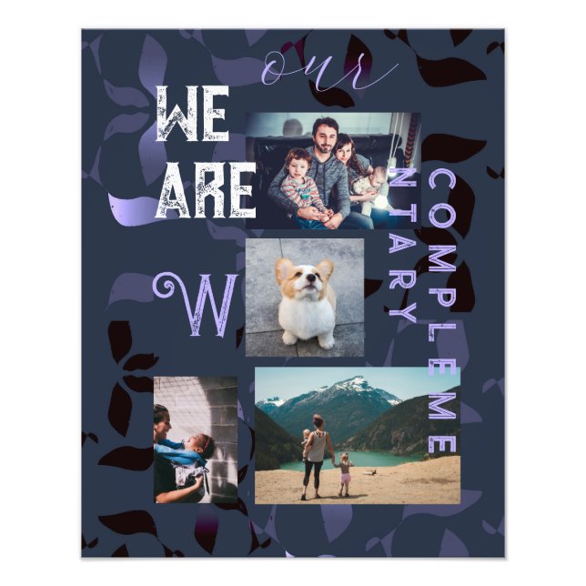 4 Family Photos and Quote Navy Blue Leaves Pattern Photo Print (Front)