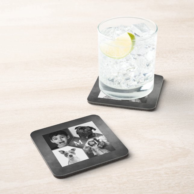 4 Family Photos Black White  Chalkboard Monogram Coaster (Right Side)