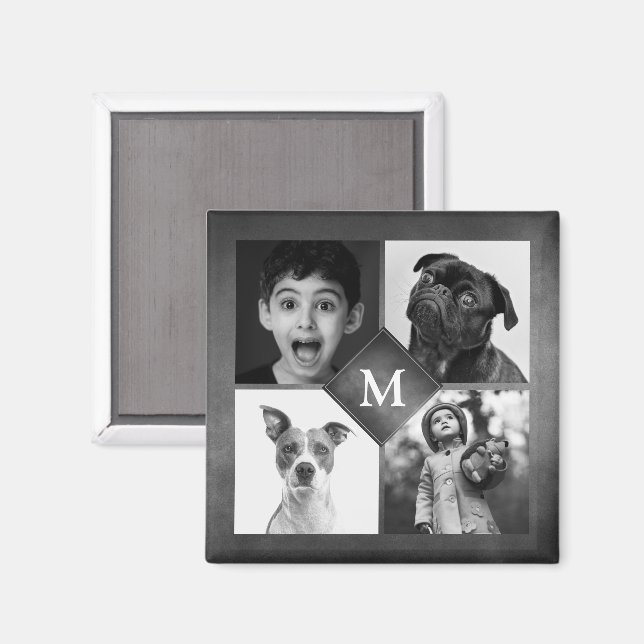 4 Family Photos Collage Black Monogram Keepsake Magnet (Front/Back)