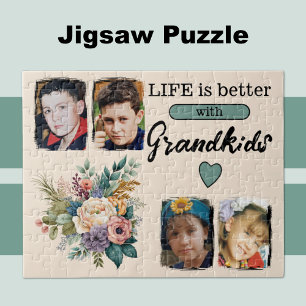 4 grandkids photo floral green jigsaw puzzle