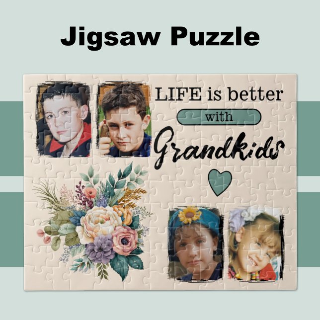 4 grandkids photo floral green jigsaw puzzle (Creator Uploaded)
