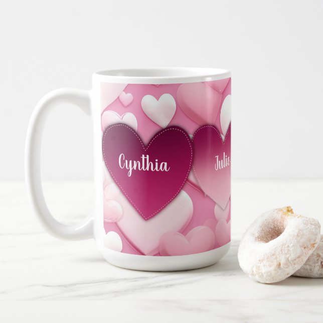 4 hearts Family Names Coffee Mug (With Donut)
