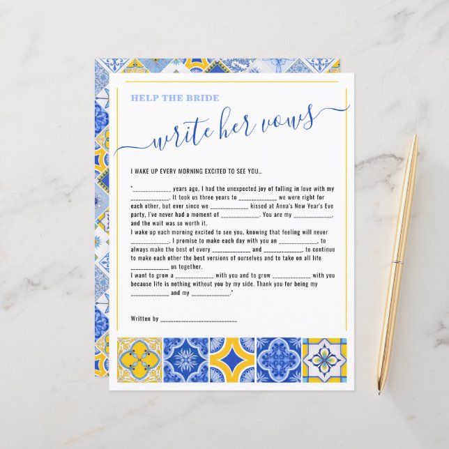 4 Help the Bride Write Her Vows Bridal Shower Game (Front/Back In Situ)