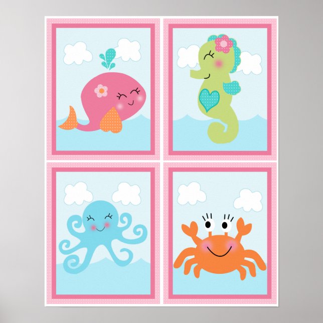 4 in 1 Under the Sea/Pink Whale 8x10 Nursery Art Poster (Front)