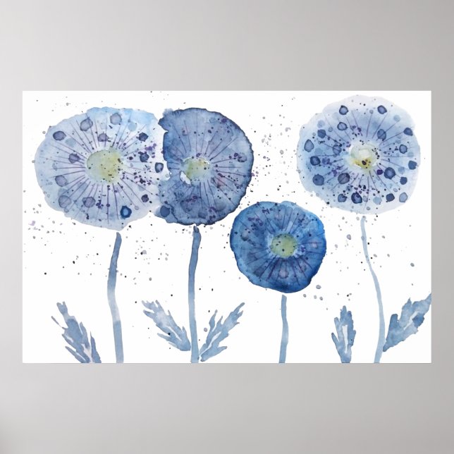 4 indigo abstract dandelion painting poster (Front)