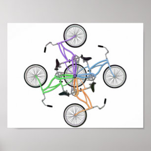 4 interlocking different coloured bicycles design poster