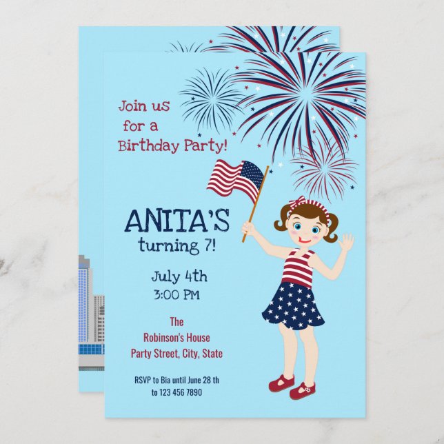 4 juillet Anniversaire Fille Fête Invitation (Devant / Derrière)