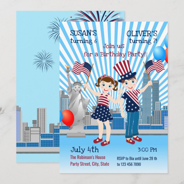 4 Juillet Anniversaire Invitation Fille et Garçon (Devant / Derrière)
