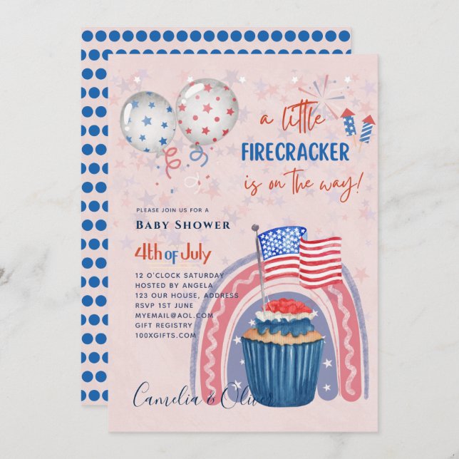 4 juillet BABY SHOWER INVITATION Firecracker Cupca (Devant / Derrière)