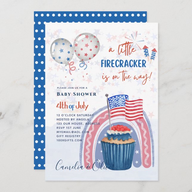 4 juillet BABY SHOWER INVITATION Firecracker Cupca (Devant / Derrière)