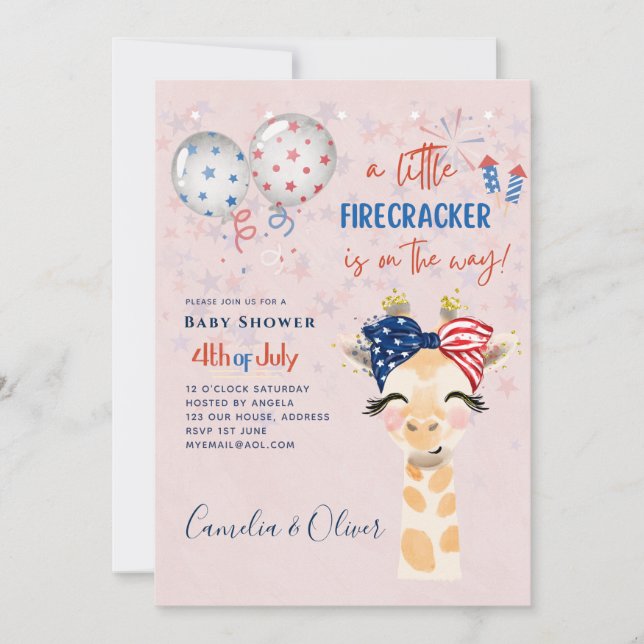 4 juillet BABY SHOWER INVITATION Firecracker Giraf (Devant)