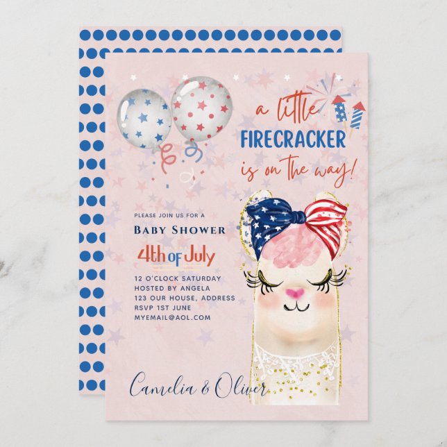 4 juillet BABY SHOWER INVITATION Firecracker Llama (Devant / Derrière)