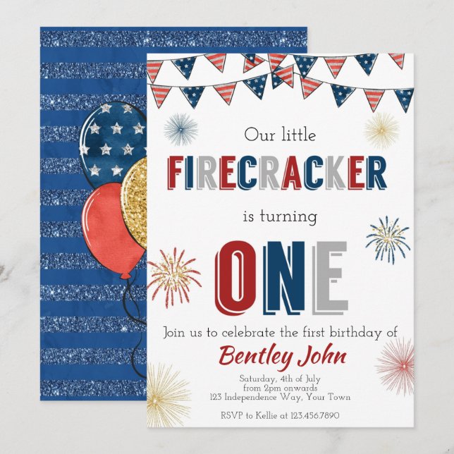 4 juillet Firecracker 1er anniversaire Invitation (Devant / Derrière)