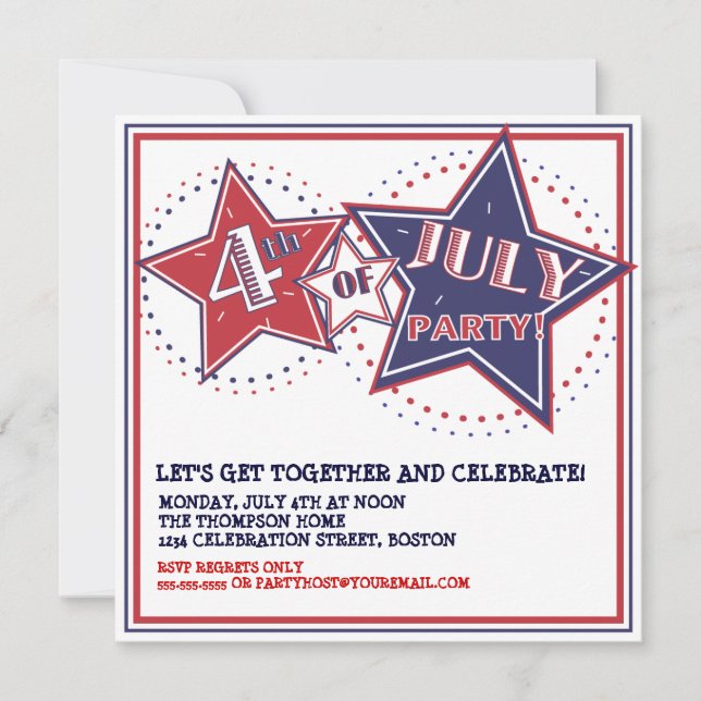 4 juillet invitation blanche rouge de partie (Devant)