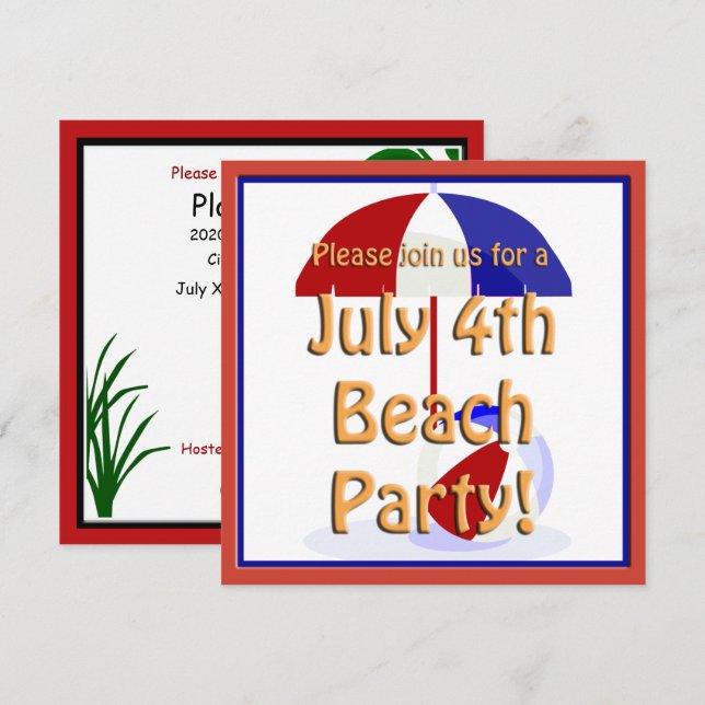 4 juillet Invitation de Beach Party (Devant / Derrière)