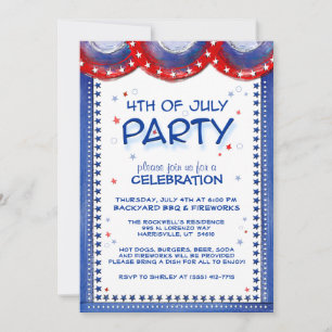 4 juillet Invitation Rouge Blanc Bleu Étoile Bordu