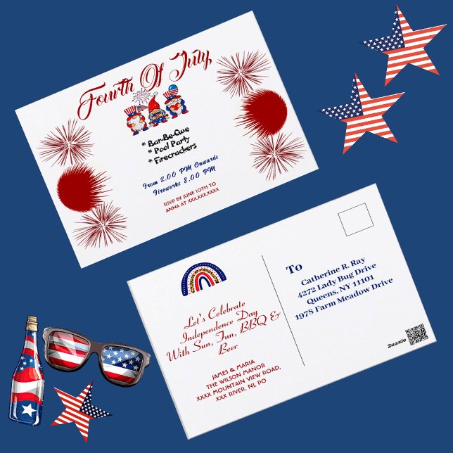 4 juillet Patriotic Gnomes BBQ Invitation Carte po (4th July Patriotic Gnomes BBQ Invitation Postcard)