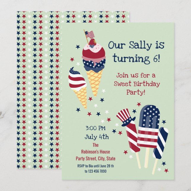 4 juillet Sweet Birthday Girl Party Invitation (Devant / Derrière)