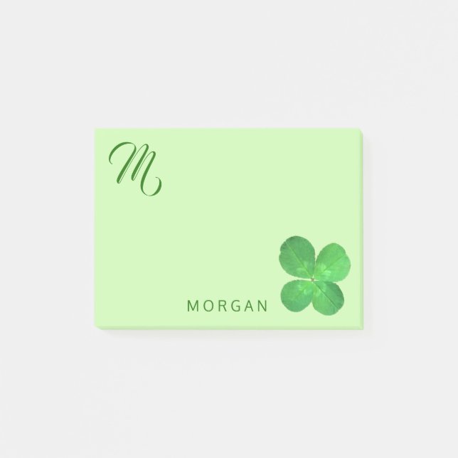 4 Leaf Clover Fun Green Monogram Personalized Post-it Notes (Front)