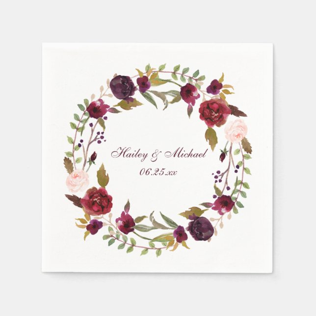 #4 Marsala Burgundy White Roses Leaves Wreath | Napkin (Front)