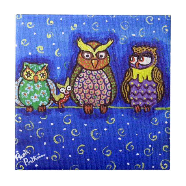 4 Owls on Wire Whimsical Folk Art Tile (Front)
