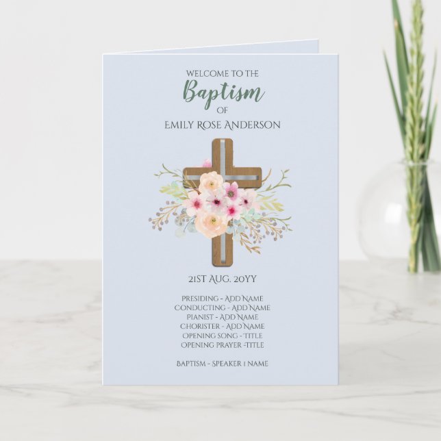 4 page BAPTISM Program - Floral Cross Blue (Front)