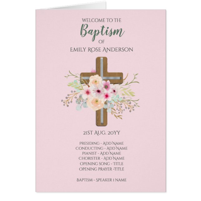 4 page BAPTISM Program - Floral Cross PINK (Front)