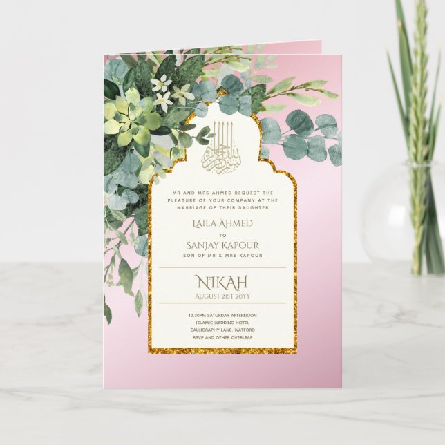 4 Page NIKAH WALIMA Invite Pink GREENERY Islamic  (Front)