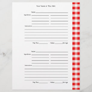 4 per Page - Red Gingham 2-sided Recipe Pages