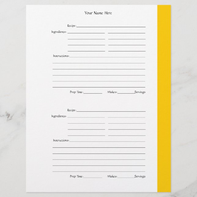 4 per Page - Yellow 2-sided Recipe Pages (Front)