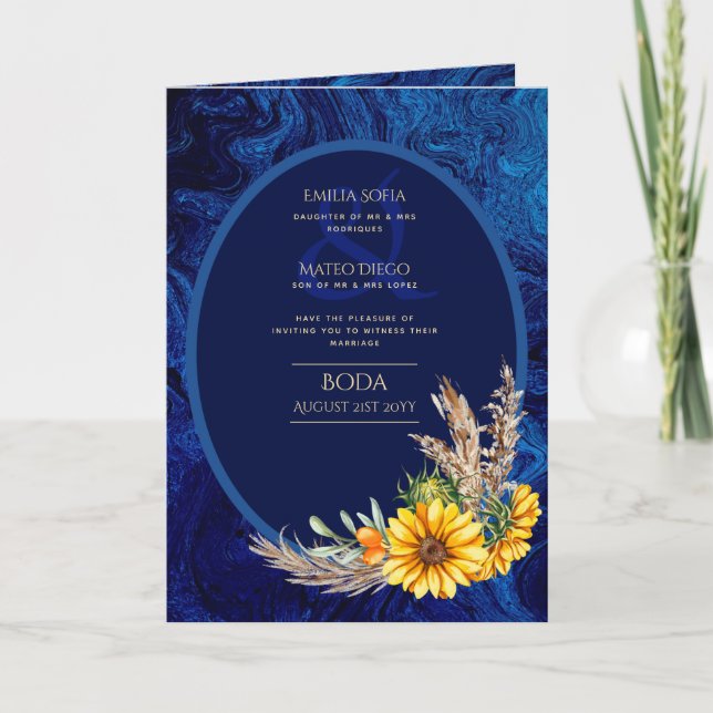 4 pg Espagnol BODA Invitations Marine Blue Sunflow (Devant)