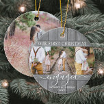 4 Photo 1st Christmas Engaged Grey Faux Wood Round Ceramic Ornament<br><div class="desc">Celebrate the joyful 1st holiday of your engagement with a custom 4 photo "Our First Christmas Engaged" round grey faux wood ceramic ornament. All wording and images on this template are simple to personalize. (IMAGE PLACEMENT TIP: An easy way to centre a photo exactly how you want is to crop...</div>